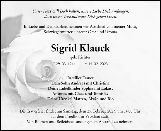 Traueranzeige von Sigrid Klauck von Lausitzer Rundschau