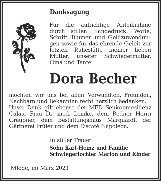 Traueranzeige von Dora Becher von Lausitzer Rundschau