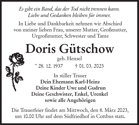 Traueranzeige von Doris Gütschow von Lausitzer Rundschau