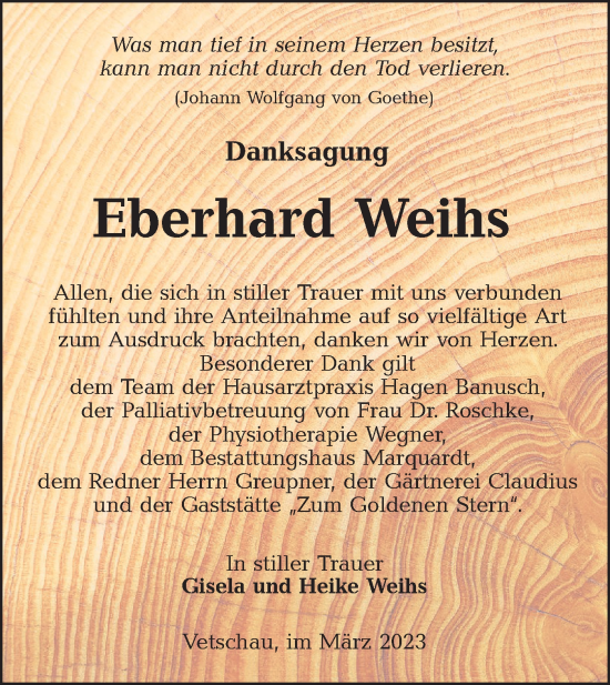 Traueranzeige von Eberhard Weihs von Lausitzer Rundschau