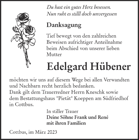 Traueranzeige von Edelgard Hübener von Lausitzer Rundschau