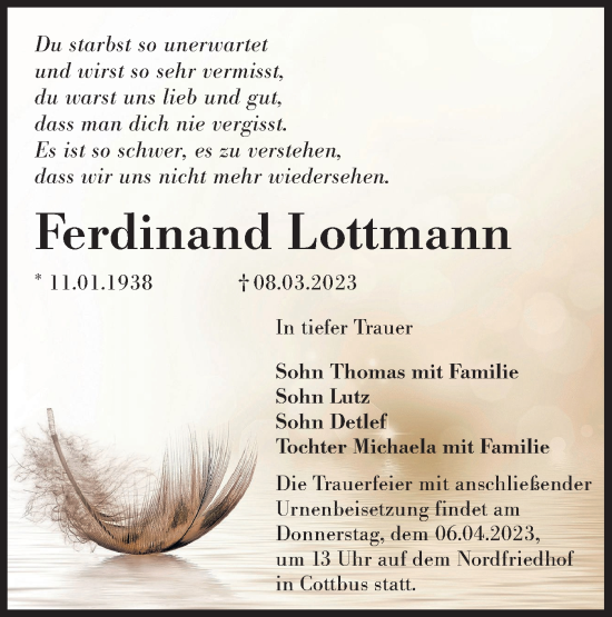 Traueranzeige von Ferdinand Lottmann von Lausitzer Rundschau