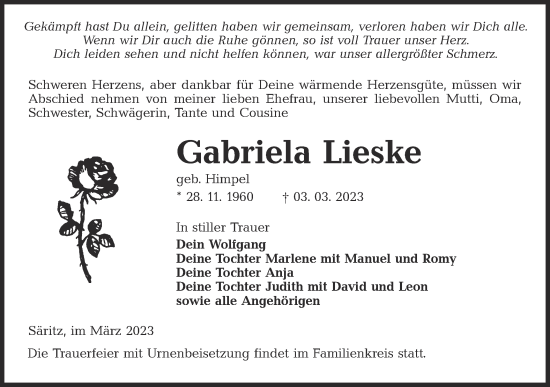 Traueranzeige von Gabriela Lieske von Lausitzer Rundschau