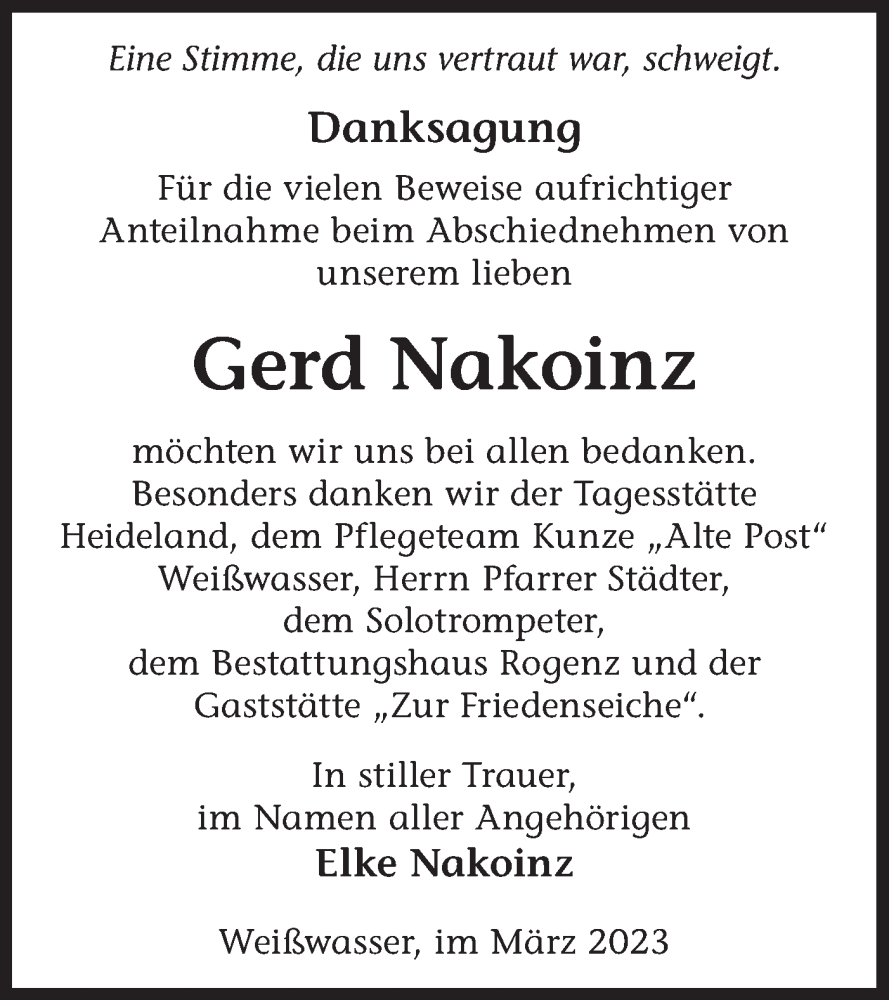  Traueranzeige für Gerd Nakoinz vom 04.03.2023 aus Lausitzer Rundschau
