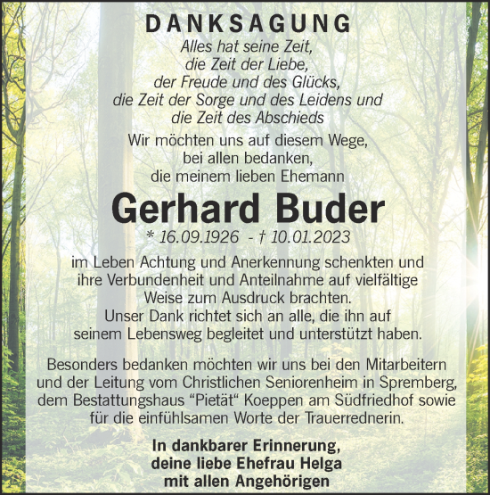 Traueranzeige von Gerhard Buder von Lausitzer Rundschau