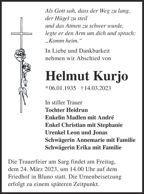 Traueranzeige von Helmut Kurjo von Lausitzer Rundschau