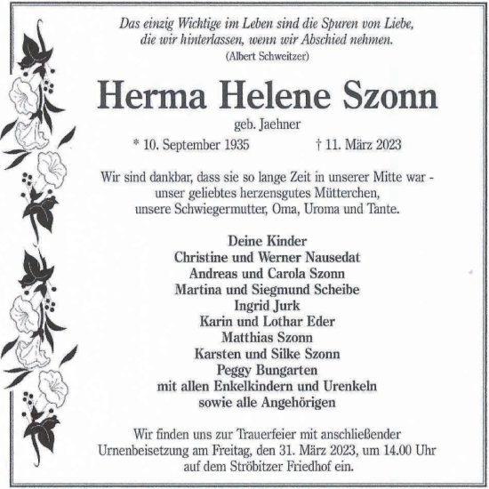 Traueranzeige von Herma Helene Szonn von Lausitzer Rundschau