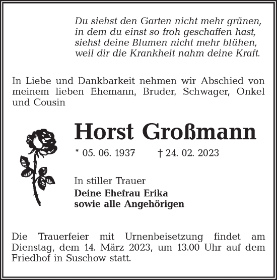 Traueranzeige von Horst Großmann von Lausitzer Rundschau