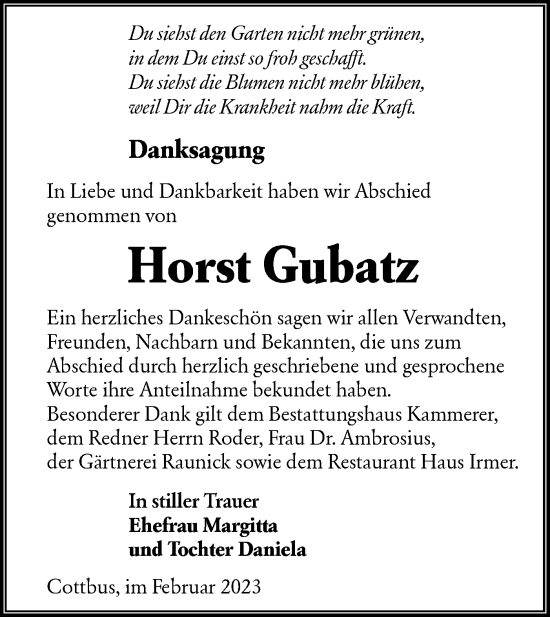 Traueranzeige von Horst Gubatz von Lausitzer Rundschau