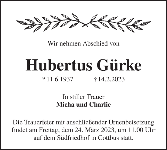 Traueranzeige von Hubertus Gürke von Lausitzer Rundschau