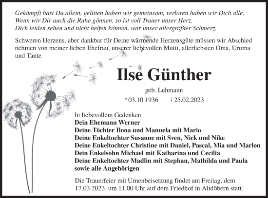 Traueranzeige von Ilse Günther von Lausitzer Rundschau