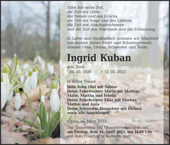Traueranzeige von Ingrid Kuban von Lausitzer Rundschau