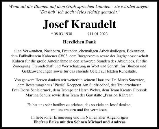 Traueranzeige von Josef Kraudelt von Lausitzer Rundschau