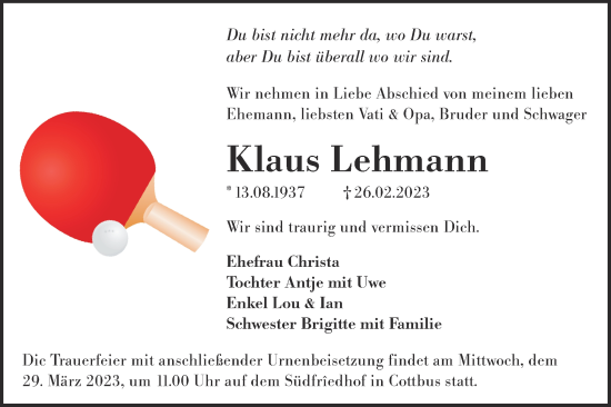 Traueranzeige von Klaus Lehmann von Lausitzer Rundschau