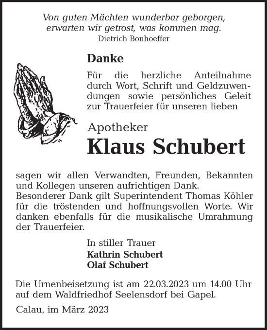 Traueranzeige von Klaus Schubert von Lausitzer Rundschau