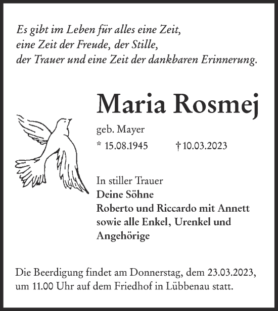 Traueranzeige von Maria Rosmej von Lausitzer Rundschau