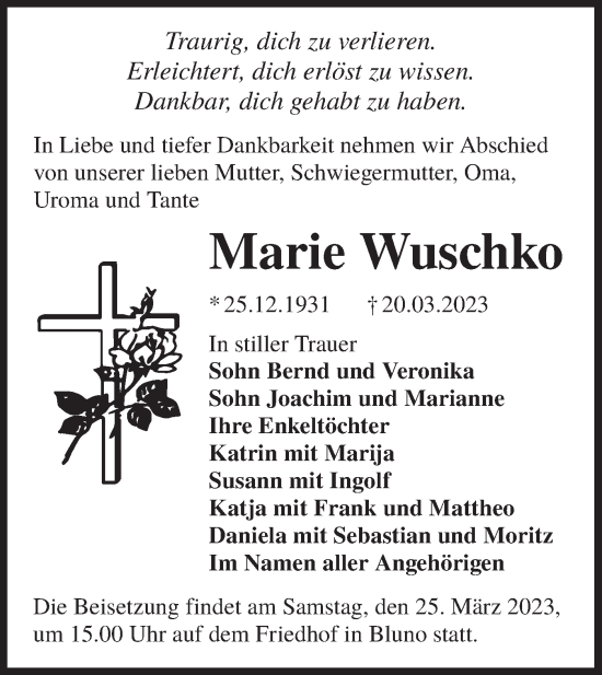 Traueranzeige von Marie Wuschko von Lausitzer Rundschau