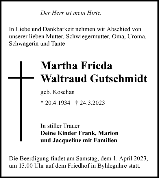 Traueranzeige von Martha Frieda Waltraud Gutschmidt von Lausitzer Rundschau