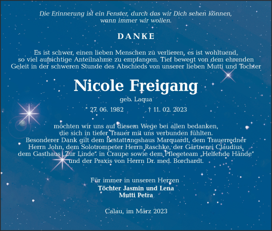 Traueranzeige von Nicole Freigang von Lausitzer Rundschau