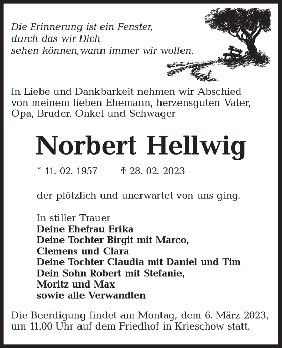 Traueranzeige von Norbert Hellwig von Lausitzer Rundschau