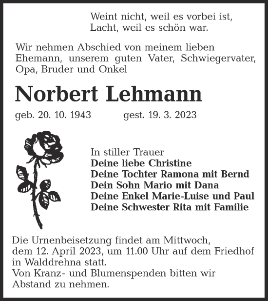 Traueranzeige von Norbert Lehmann von Lausitzer Rundschau