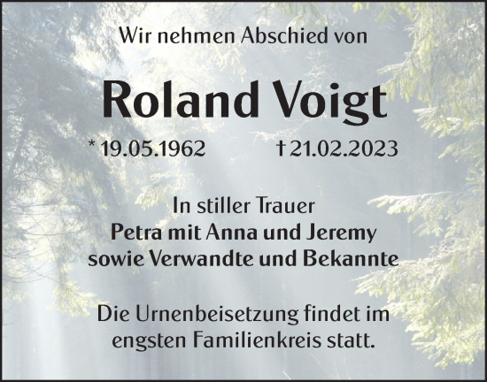 Traueranzeige von Roland Voigt von Lausitzer Rundschau