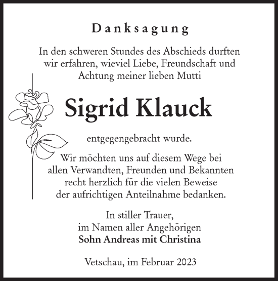 Traueranzeige von Sigrid Klauck von Lausitzer Rundschau