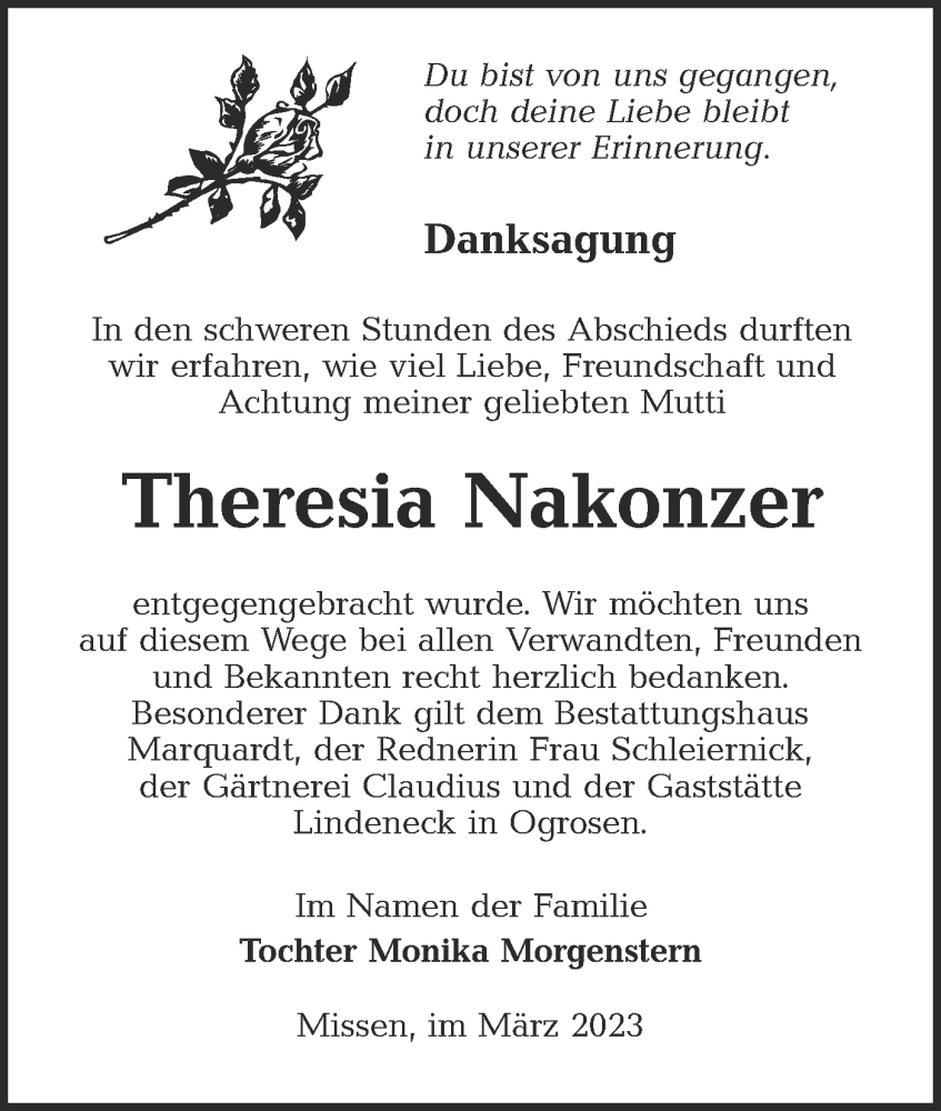  Traueranzeige für Theresia Nakonzer vom 11.03.2023 aus Lausitzer Rundschau