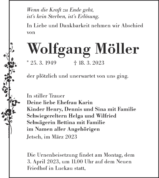 Traueranzeige von Wolfgang Möller von Lausitzer Rundschau