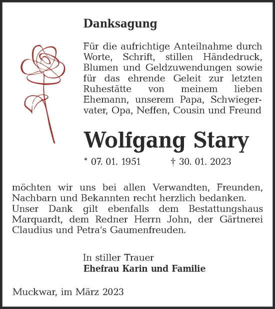 Traueranzeige von Wolfgang Stary von Lausitzer Rundschau