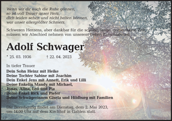 Traueranzeige von Adolf Schwager von Lausitzer Rundschau