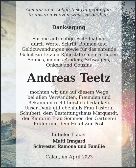 Traueranzeige von Andreas Teetz von Lausitzer Rundschau