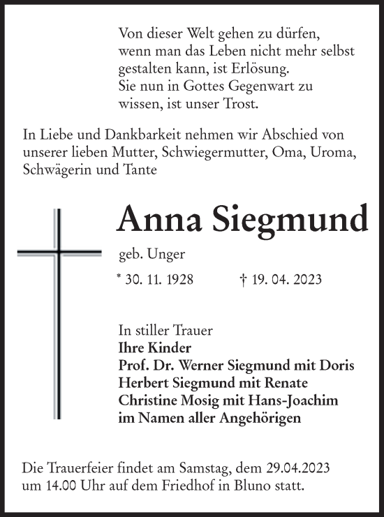 Traueranzeige von Anna Siegmund von Lausitzer Rundschau