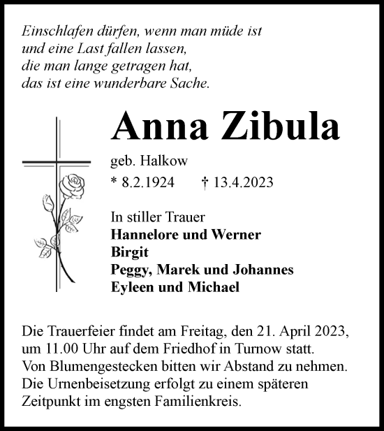 Traueranzeige von Anna Zibula von Lausitzer Rundschau