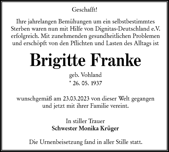 Traueranzeige von Brigitte Franke von Lausitzer Rundschau