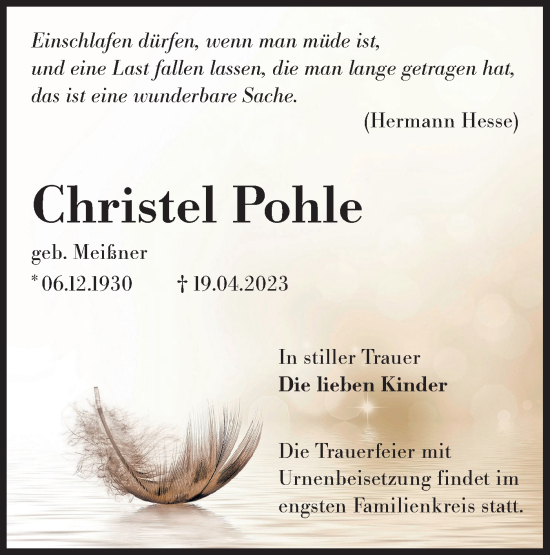 Traueranzeige von Christel Pohle von Lausitzer Rundschau