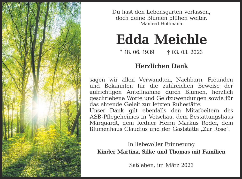  Traueranzeige für Edda Meichle vom 01.04.2023 aus Lausitzer Rundschau