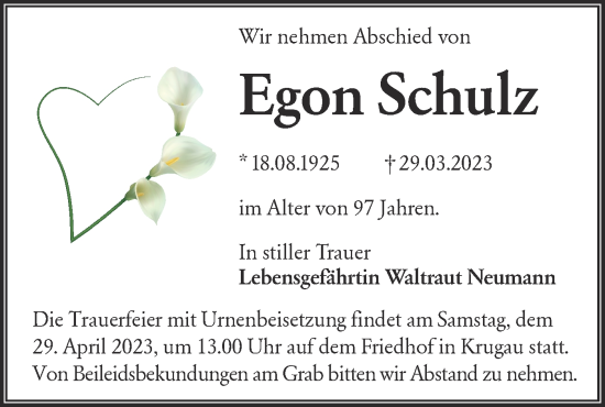 Traueranzeige von Egon Schulz von Lausitzer Rundschau