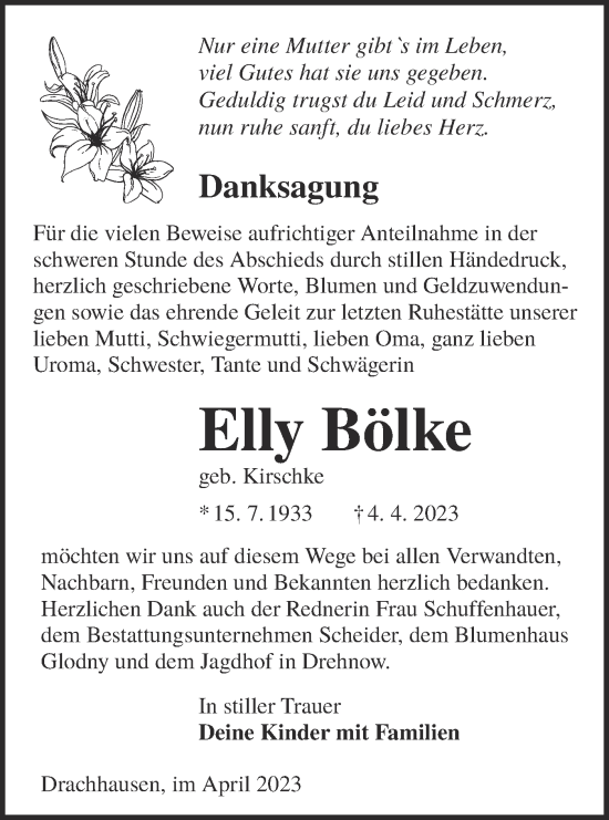 Traueranzeige von Elly Bölke von Lausitzer Rundschau