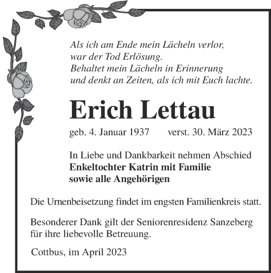 Traueranzeige von Erich Lettau von Lausitzer Rundschau