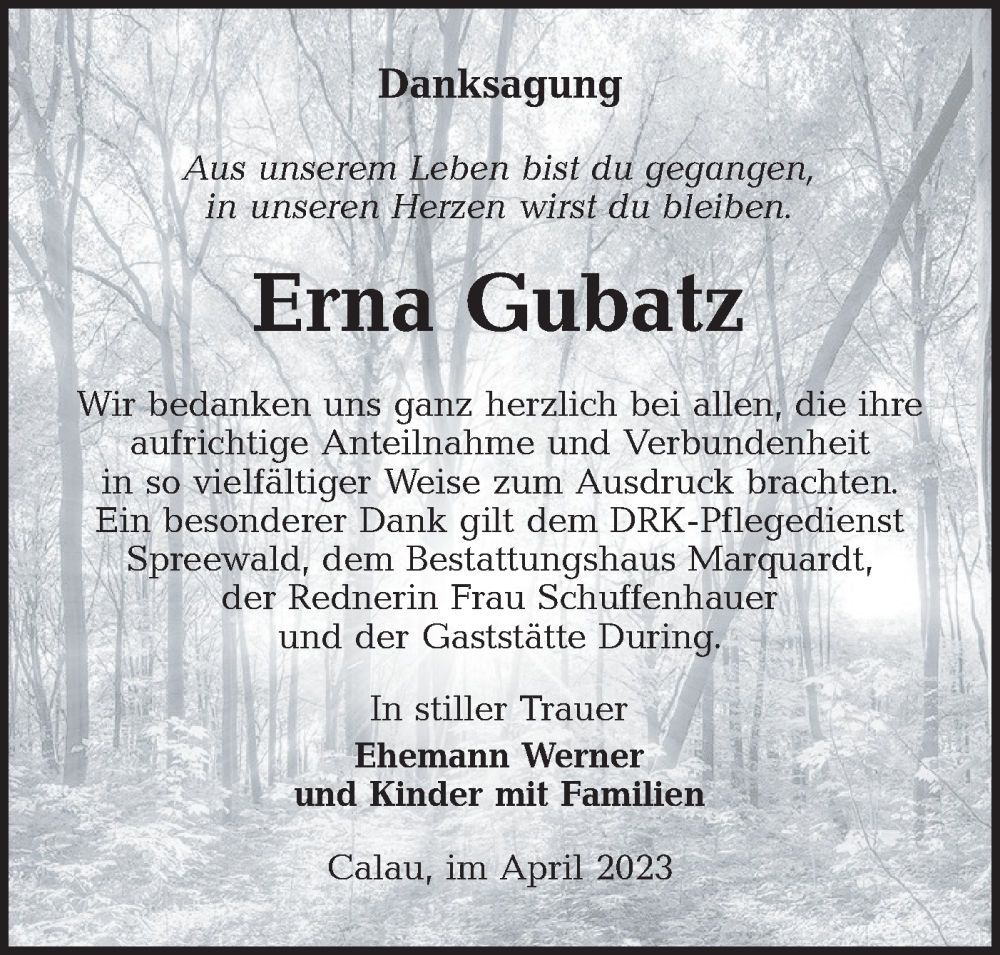  Traueranzeige für Erna Gubatz vom 22.04.2023 aus Lausitzer Rundschau