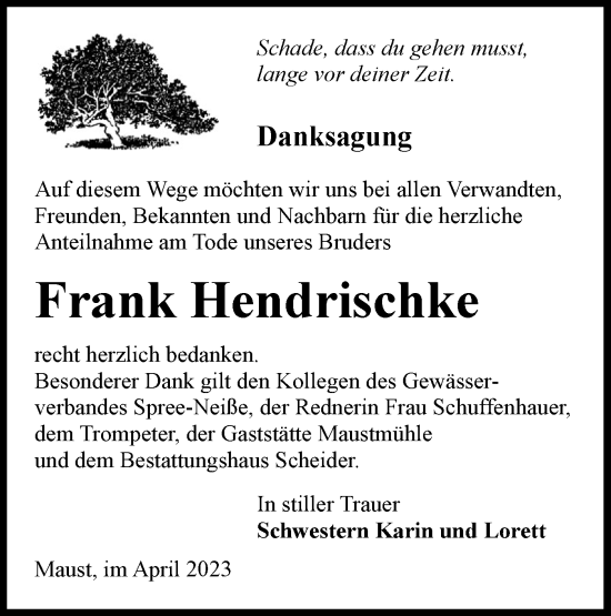 Traueranzeige von Frank Hendrischke von Lausitzer Rundschau