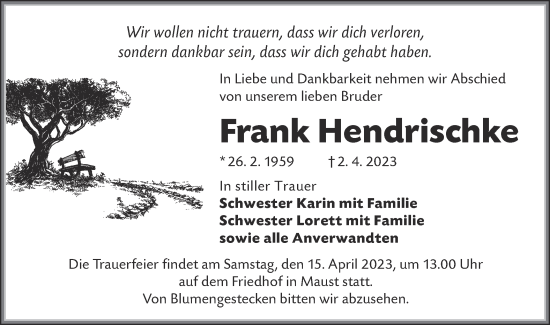 Traueranzeige von Frank Hendrischke von Lausitzer Rundschau