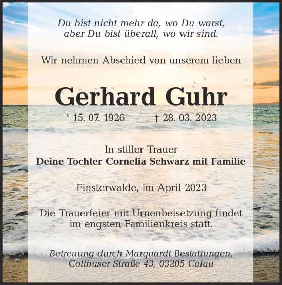 Traueranzeige von Gerhard Guhr von Lausitzer Rundschau