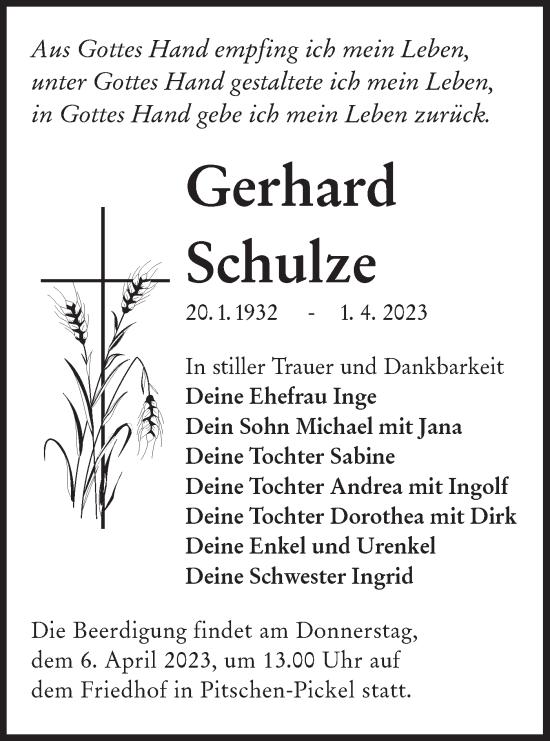 Traueranzeige von Gerhard Schulze von Lausitzer Rundschau