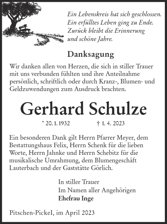 Traueranzeige von Gerhard Schulze von Lausitzer Rundschau