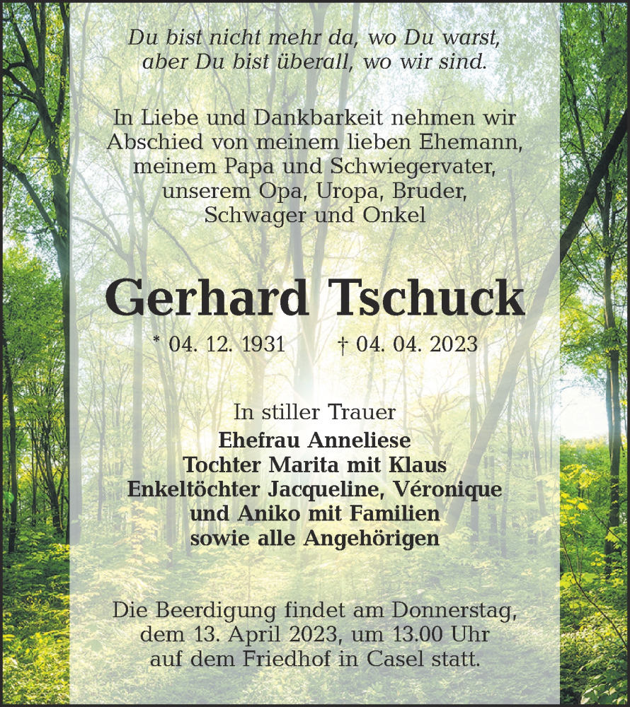  Traueranzeige für Gerhard Tschuck vom 08.04.2023 aus Lausitzer Rundschau