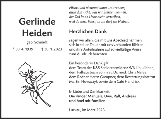 Traueranzeige von Gerlinde Heiden von Lausitzer Rundschau