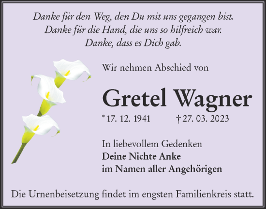 Traueranzeige von Gretel Wagner von Lausitzer Rundschau