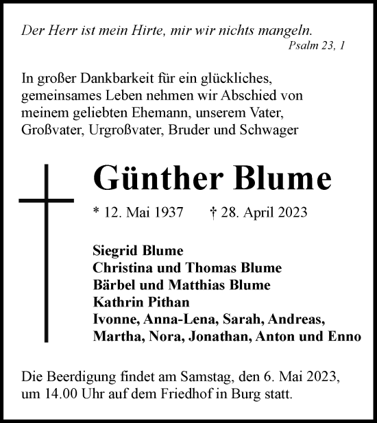 Traueranzeige von Günther Blume von Lausitzer Rundschau